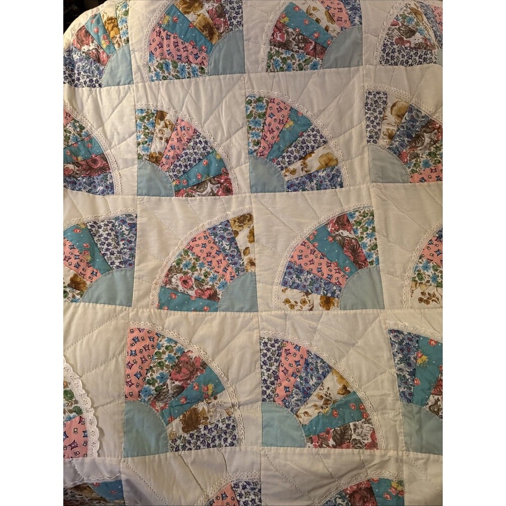 Vintage Patchwork Floral Quilt,Grandmothers Fan Multicolor 90x96” Excellent Cond